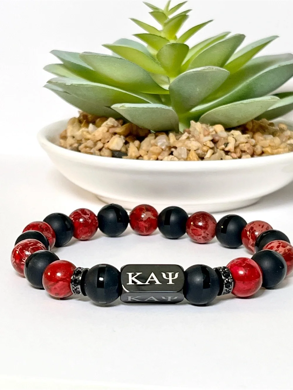 Kappa Alpha Psi Bracelet - Red Jasper & Black Onyx Beaded Stretch Bracelet